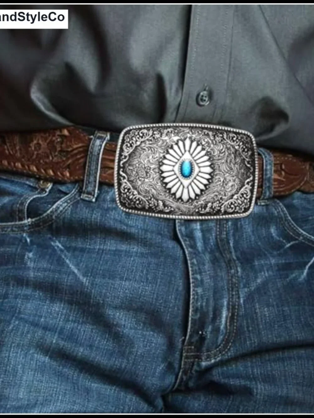 Vintage Western Cowboy Belt Buckle Turquoise Indian Style Zinc Alloy